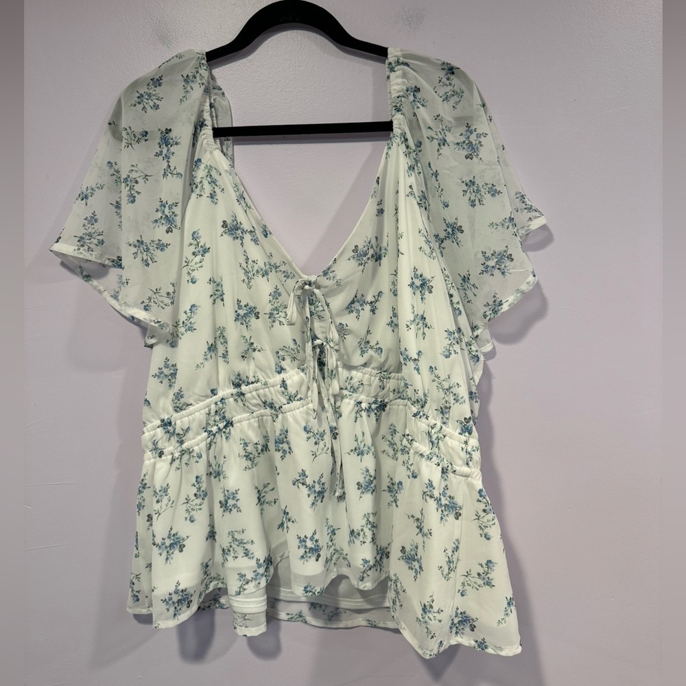 White and blue floral Arula tie front floral shirt